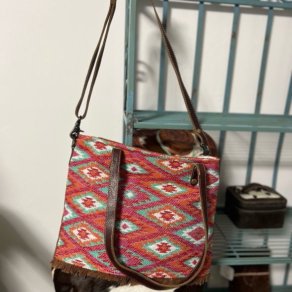 New Pink Myra Bag Cowhide Canvas Leather Tote large Barbie western - Picture 5 of 8